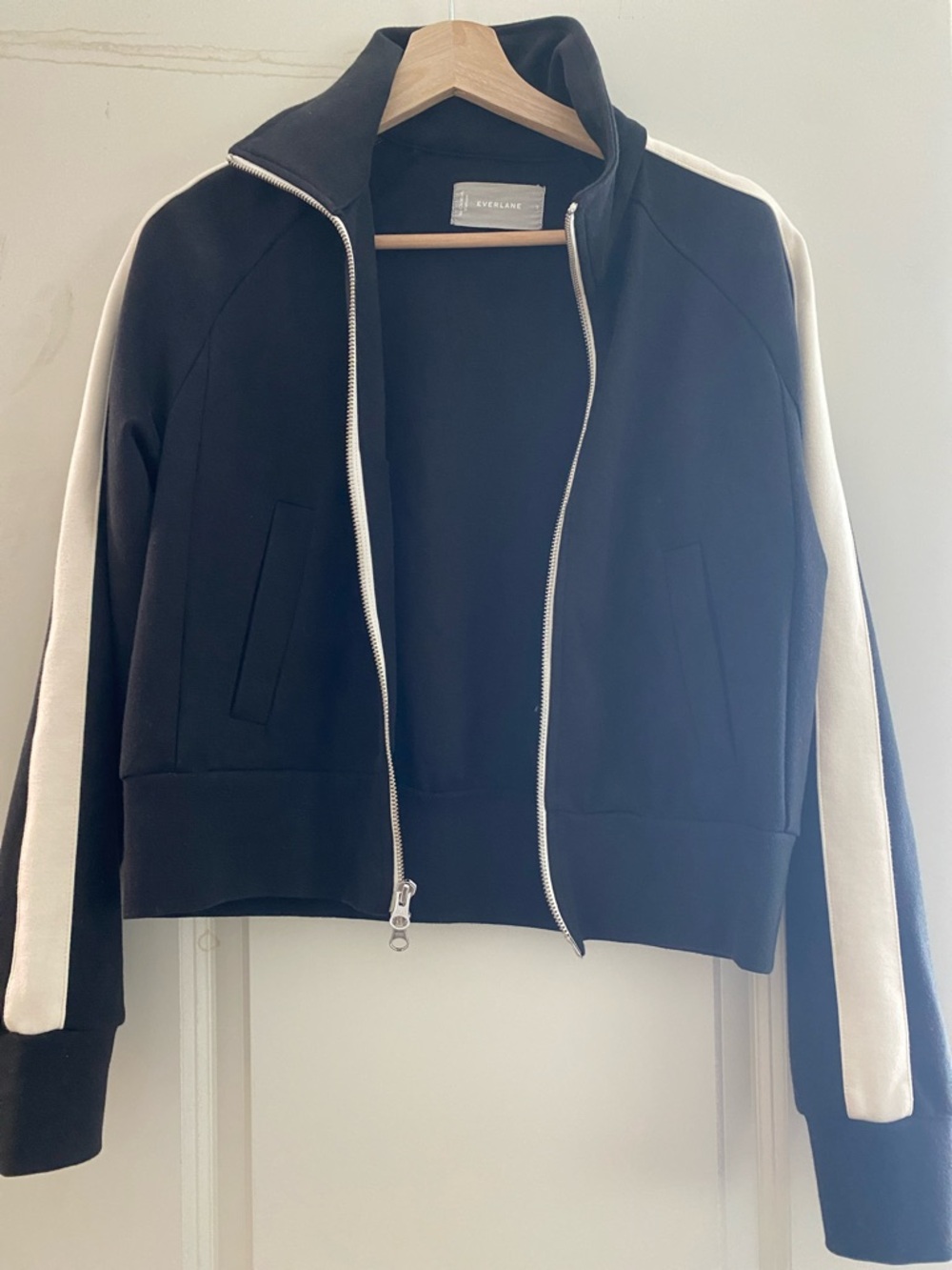 Everlane Black Bomber Jacket with Ivory Stripes